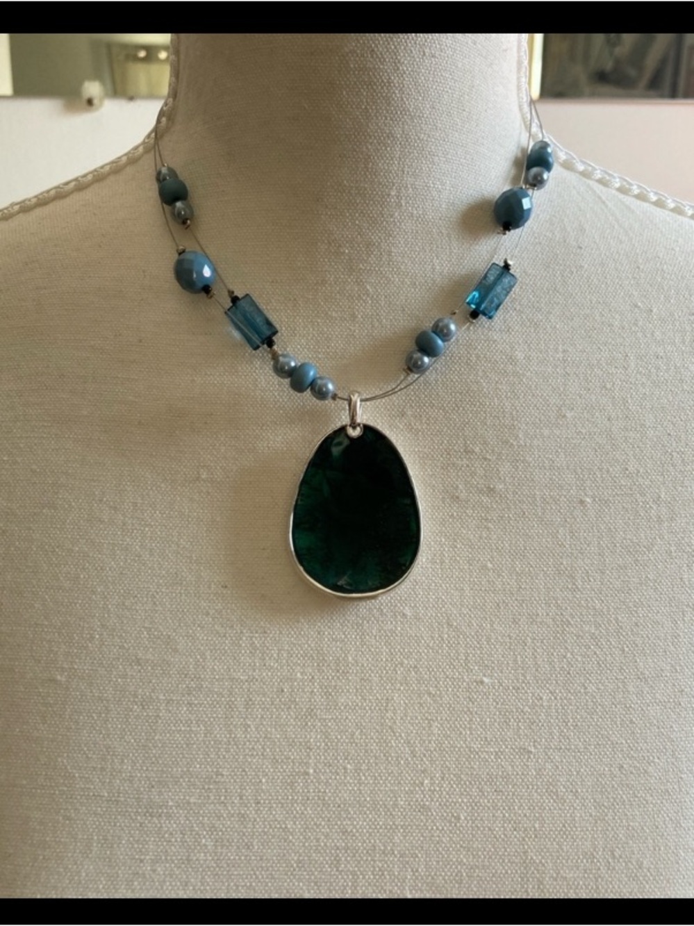 Blue Beaded Necklace with Green Pendant